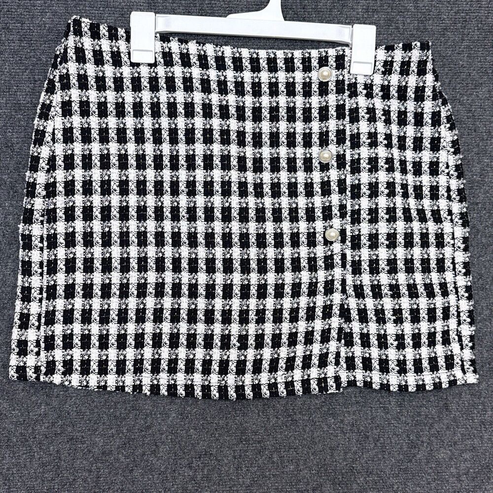 Womens Tweed Mini Skirt 1XL Black White Plaid Pearl Button Curve Preppy Academia